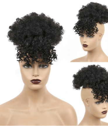 Afro High Puff Bun with Bangs - Black