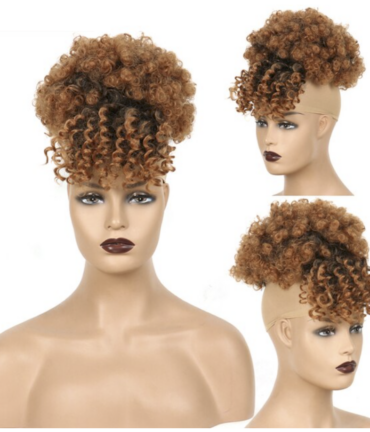 Afro High Puff Bun with Bangs - Brown