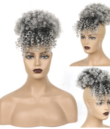 Afro High Puff Bun with Bangs - Grey