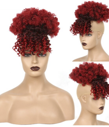 Afro High Puff Bun with Bangs - Red